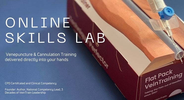 Venepuncture & Cannulation training kit with text about Online Skills Lab on a blue background  VeinTrain flat-pack vein simulator for phlebotomy and cannulation training

