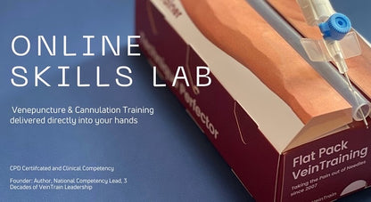 Venepuncture & Cannulation training kit with text about Online Skills Lab on a blue background  VeinTrain flat-pack vein simulator for phlebotomy and cannulation training
