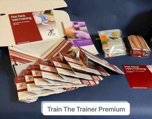 Collection of 'Train The Trainer Premium' vein training kits on a blue surface  VeinTrain flat-pack vein simulator for phlebotomy and cannulation training
