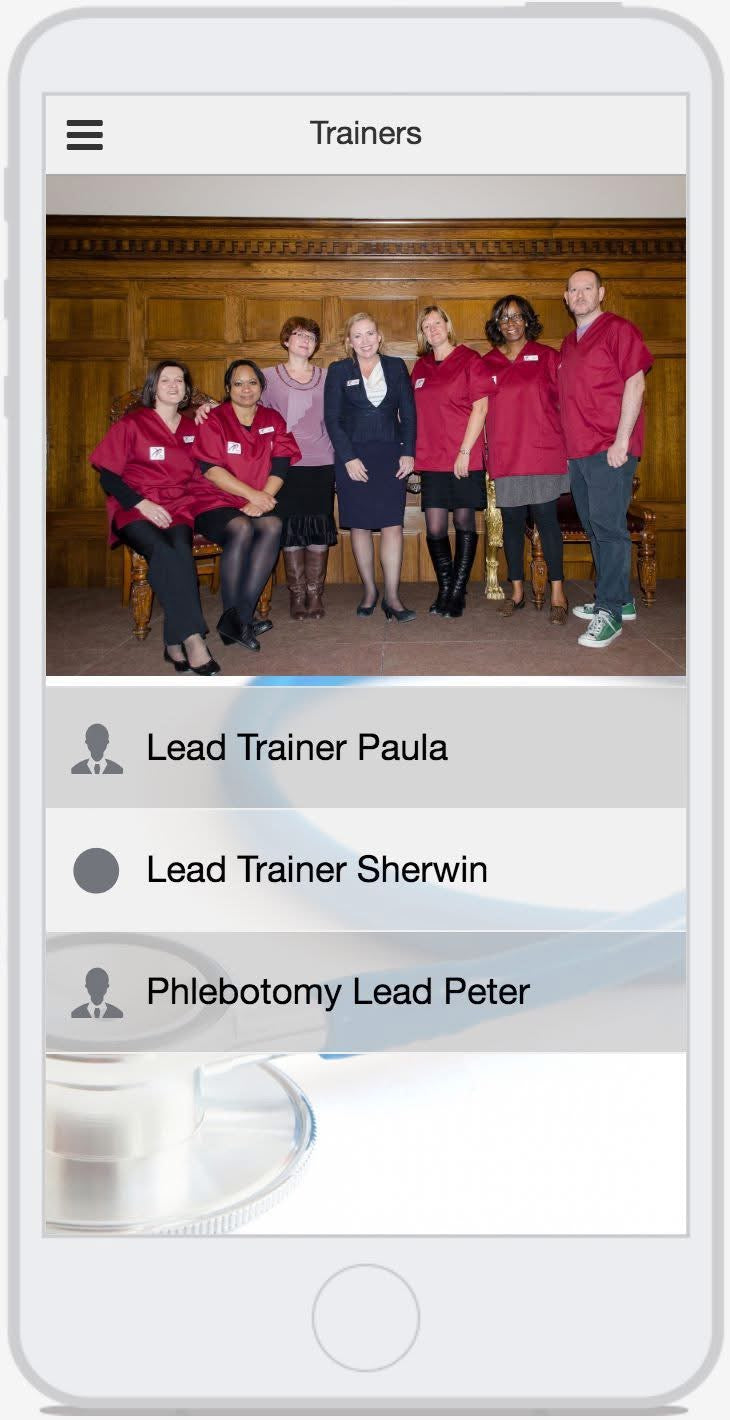 Phone screen showing a list of trainers VeinTrain flat-pack vein simulator for phlebotomy and cannulation training
