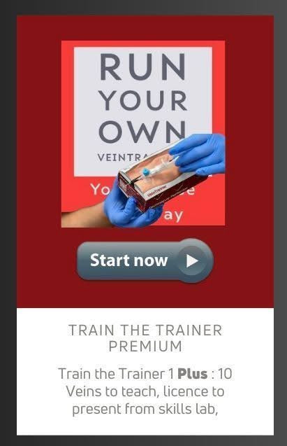 Advertisement for 'Run Your Own Vein Trainer' with gloved hand holding a device on a red background.  VeinTrain flat-pack vein simulator for phlebotomy and cannulation training
