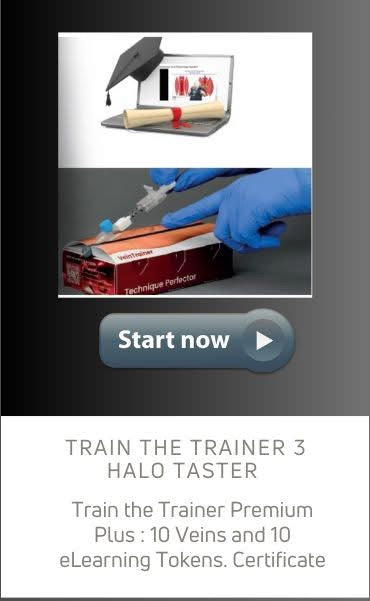 Advertisement for 'Train the Trainer 3 HALO Taster' with a button to start now on a gray background.  VeinTrain flat-pack vein simulator for phlebotomy and cannulation training
