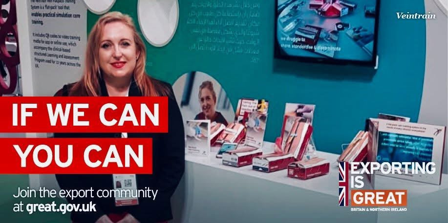 Promotional image for exporting with a woman speaking, text, and products on a table.VeinTrain flat-pack vein simulator for phlebotomy and cannulation training
