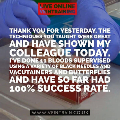 Text overlay on a background of gloved hands with medical equipment, promoting vein training services.