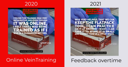Comparison of online vein training feedback from 2020 to 2021 with a red border.