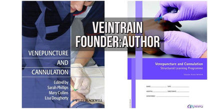 Book cover of 'Veintrain Founder: Author' on venepuncture and cannulation with hands in gloves and a vein being punctured.  VeinTrain flat-pack vein simulator for phlebotomy and cannulation training
