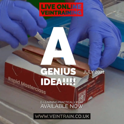 Promotional image for online vein training with gloved hands and text overlay.  VeinTrain flat-pack vein simulator for phlebotomy and cannulation training
