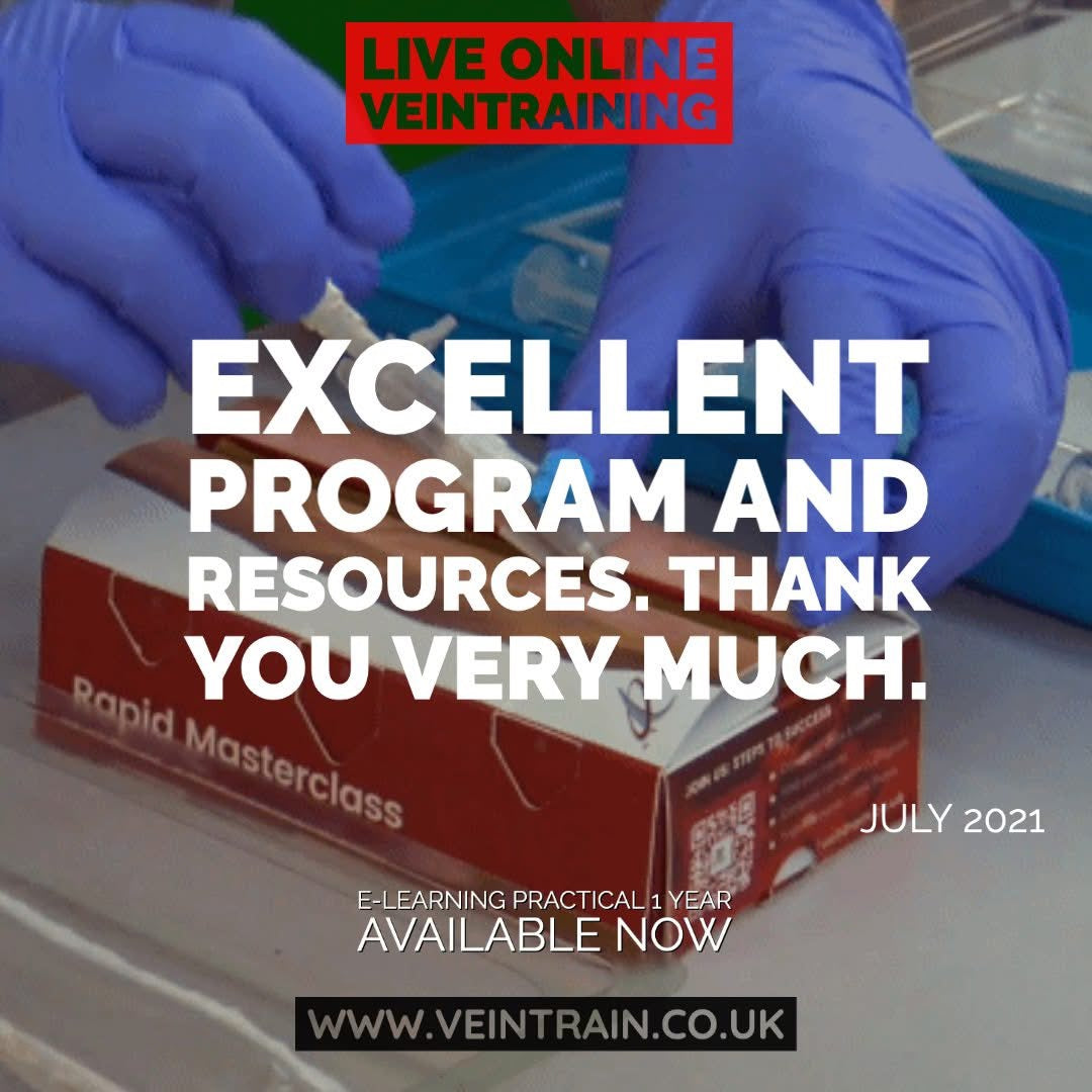 Advertisement for a vein training program with gloved hands and text overlay.  VeinTrain flat-pack vein simulator for phlebotomy and cannulation training
