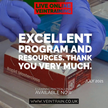 Advertisement for a vein training program with gloved hands and text overlay.  VeinTrain flat-pack vein simulator for phlebotomy and cannulation training
