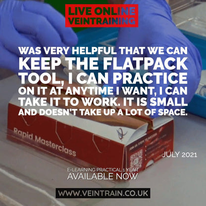 Person wearing gloves with text overlay about a flatpack tool and training course.