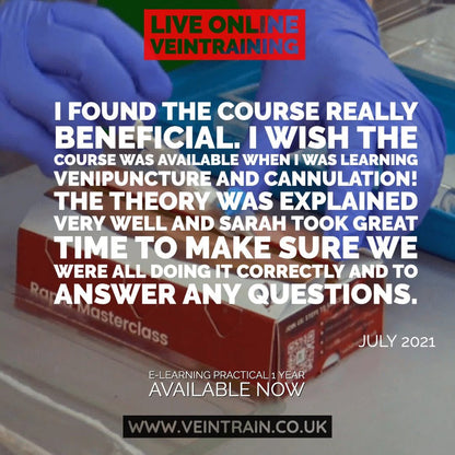 Advertisement for a live online vein training course with text and gloved hands holding a vein training device.  VeinTrain flat-pack vein simulator for phlebotomy and cannulation training
