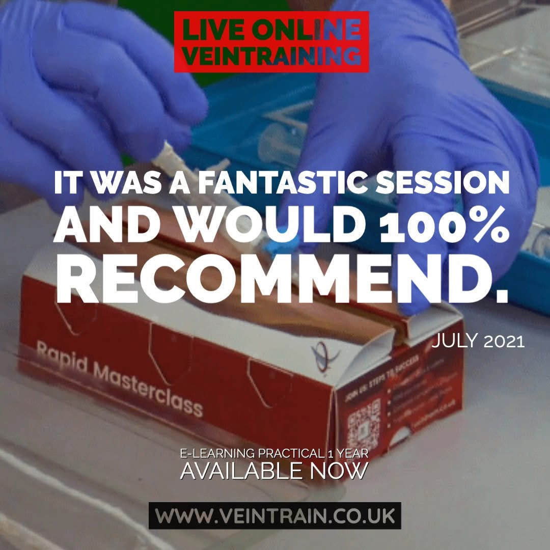 Person wearing blue gloves with text overlay about a training session and course availability.  VeinTrain flat-pack vein simulator for phlebotomy and cannulation training
