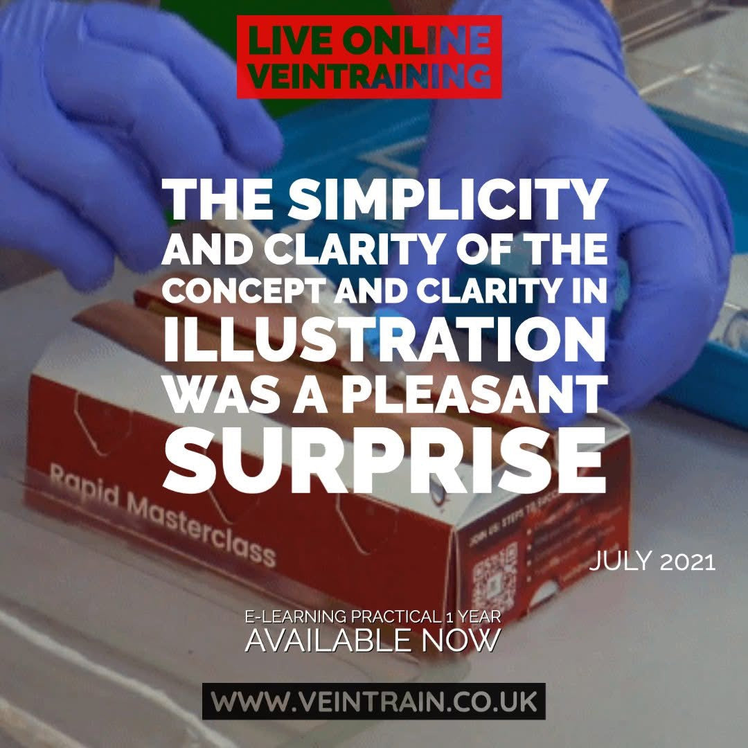Advertisement for online vein training with gloved hands and text overlay.
