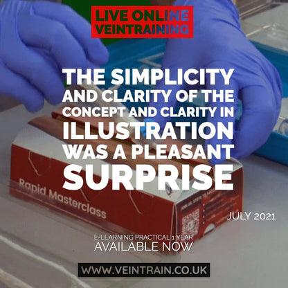 Advertisement for online vein training with gloved hands and text overlay.