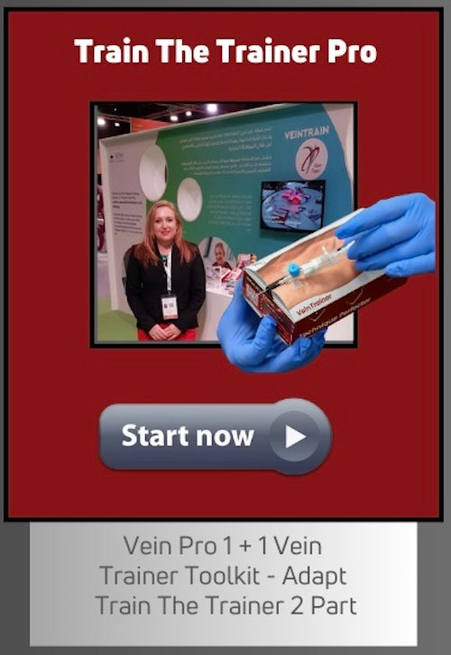 Advertisement for 'Train The Trainer Pro' with a person in a blue glove holding a vein trainer and a woman in a black jacket in the background.VeinTrain flat-pack vein simulator for phlebotomy and cannulation training
VeinTrain flat-pack vein simulator for phlebotomy and cannulation training
