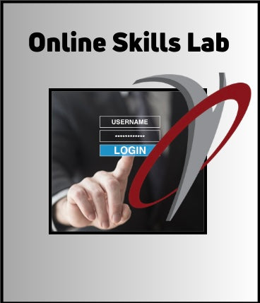 Promotional graphic for 'Online Skills Lab' with a hand pressing a login button.  VeinTrain flat-pack vein simulator for phlebotomy and cannulation training
